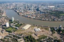 View from Deptford towards Millwall, Canary Wharf and the Millennium Dome, London, 2021. Creator: Damian Grady