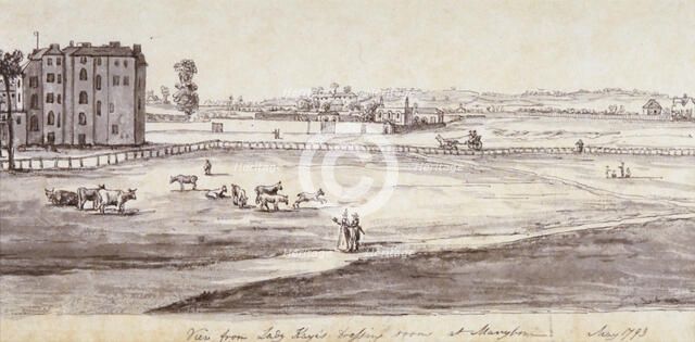 'View from Lady Kaye's Dressing Room at Marylebone', 1793. Artist: Samuel Hieronymus Grimm   