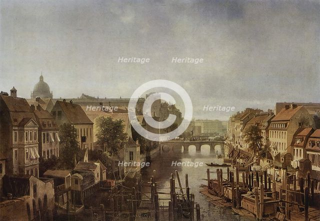 View from Royal mills at the Mühlendamm to the Lange Brücke in Berlin, 1850. Creator: Albert Schwendy.