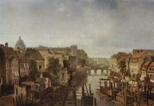 View from Royal mills at the Mühlendamm to the Lange Brücke in Berlin, 1850. Creator: Albert Schwendy
