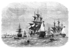 View from Spanish Point, Bermuda, showing the dockyard, and the fleet at anchor in Grassy Bay, 1862. Creator: Unknown