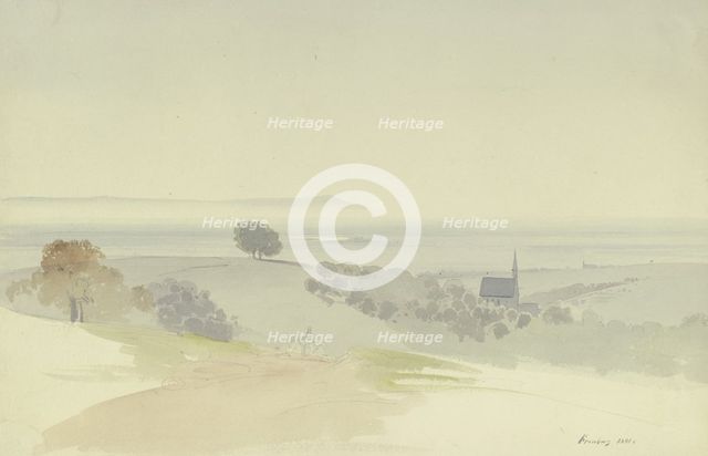 View from the Taunus Mountains into the plain, a chapel in the middle ground, 1841. Creator: Carl Theodor Reiffenstein.