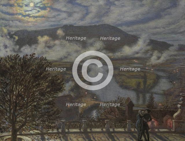 View from the terrace on a river landscape at night, 1875. Creator: William Holman Hunt.
