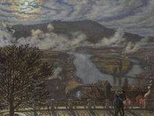 View from the terrace on a river landscape at night, 1875. Creator: William Holman Hunt