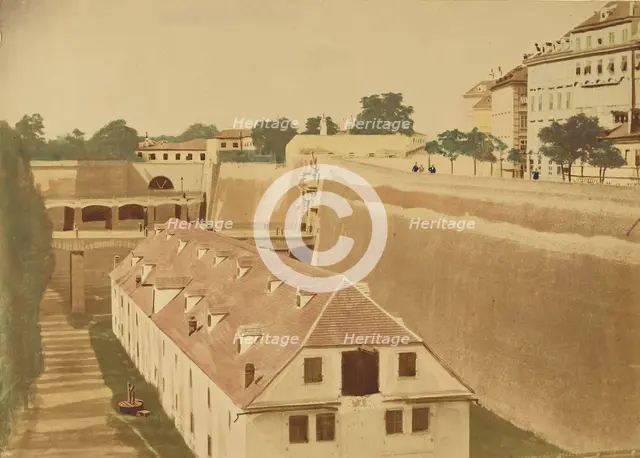 View from the Waterworks to the Powder Magazine and the bridges of the Old and New..., 1858. Creator: Unknown.