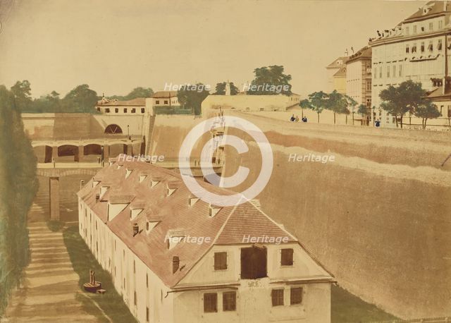 View from the Waterworks to the Powder Magazine and the bridges of the Old and New..., 1858. Creator: Unknown.