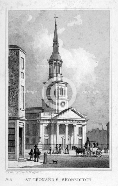View from the west of St Leonard's Church, Shoreditch, London, c1827. Artist: Anon