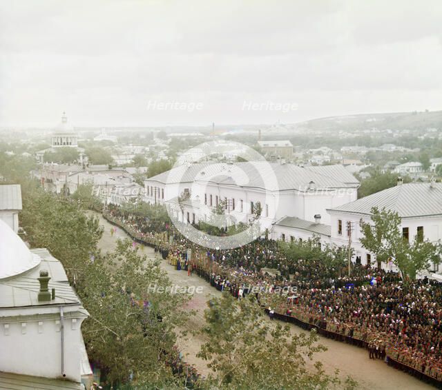 View from the bell tower of the Trinity cathedral (of the Trinity Monastery) on Cathedral..., 1911. Creator: Sergey Mikhaylovich Prokudin-Gorsky.