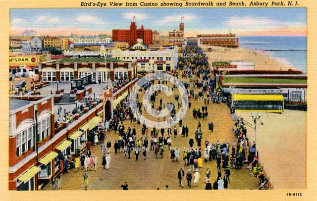 View from the casino showing the boardwalk and beach, Asbury Park, New Jersey, USA, 1941. Artist: Unknown