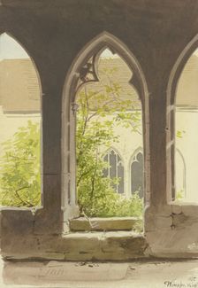 View from the cloister into the overgrown courtyard of the Collegiate Church of St. Peter..., 1850. Creator: Carl Theodor Reiffenstein