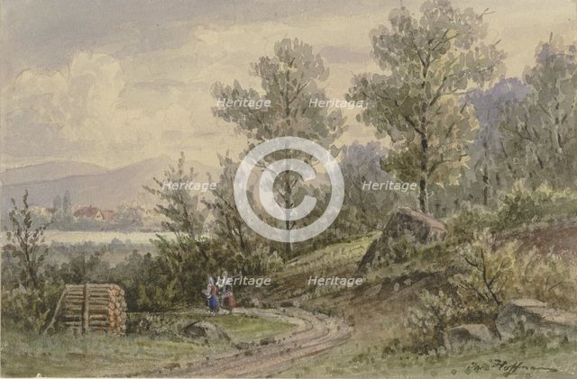View from the forest towards a village and mountains, late 19th century. Creator: Jacob Hoffmann.