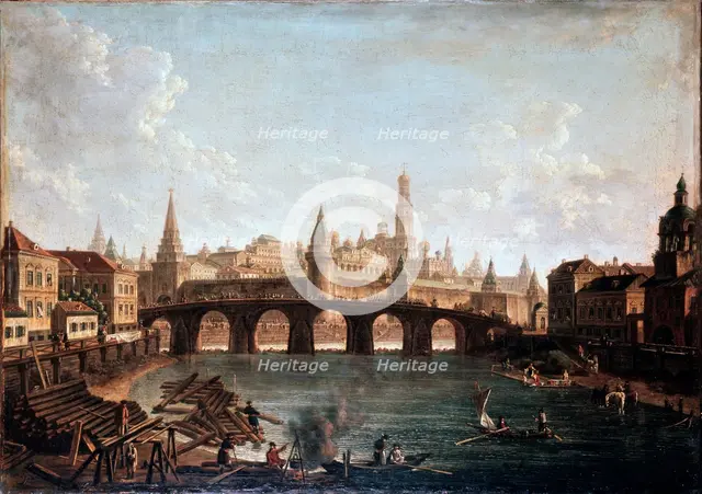 'View from the Moscow Kremlin and the Bolshoy Kamenny Bridge (Greater Stone Bridge)', 1810s. Artist: Fyodor Yakovlevich Alexeev
