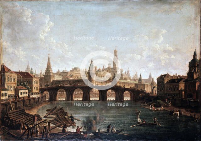 'View from the Moscow Kremlin and the Bolshoy Kamenny Bridge (Greater Stone Bridge)', 1810s. Artist: Fyodor Yakovlevich Alexeev