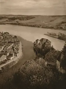 View from the Oberhaus to the Niederhaus and the junction of the Inn, Danube and Ilz 1931. Artist: Kurt Hielscher