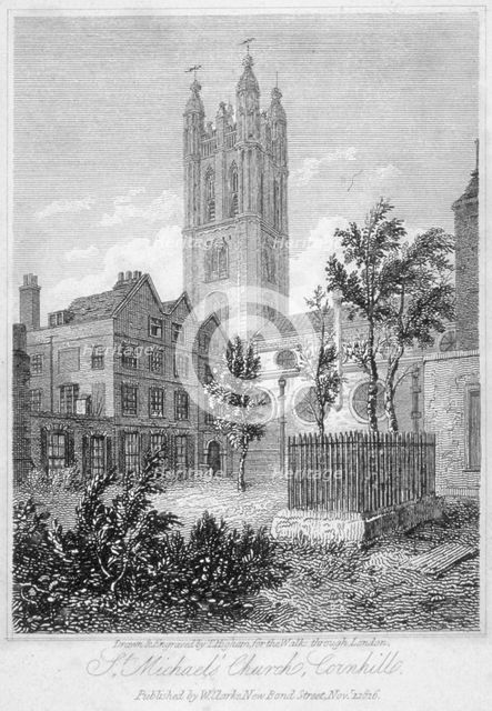 View from the south of Church of St Michael, Cornhill, City of London, 1816. Artist: Thomas Higham