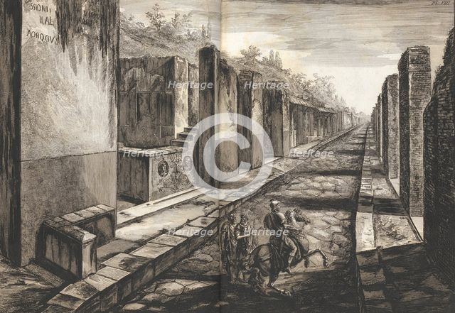 View from the street entering beneath the gateway to the city of Pompeii, with the foot pa..., 1804. Creator: Francesco Piranesi.