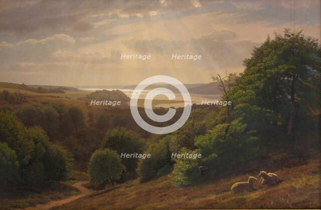 View from Vesterskov at Mariager; fjord in the background, 1869. Creator: Godtfred Rump.