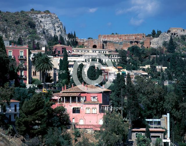 View from Via Roma to Greek theatre, Taormina, Sicily, Italy. Creator: Peter Thompson.
