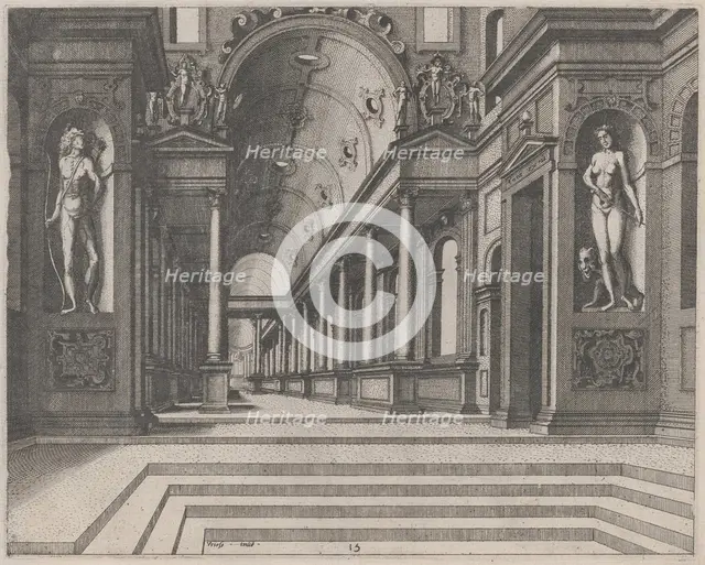 View in a Church with Corinthian Columns and Statues of Apollo, Melpomene, and Moses, 1560. Creators: Johannes van Doetecum I, Lucas van Doetecum.