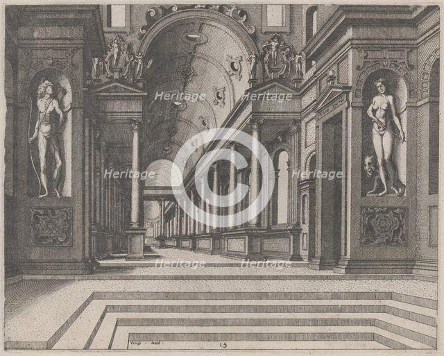 View in a Church with Corinthian Columns and Statues of Apollo, Melpomene, and Moses, 1560. Creators: Johannes van Doetecum I, Lucas van Doetecum.