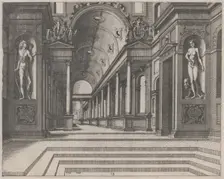 View in a Church with Corinthian Columns and Statues of Apollo, Melpomene, and Moses, 1560. Creators: Johannes van Doetecum I, Lucas van Doetecum
