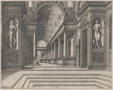 View in a Church with Corinthian Columns and Statues of Apollo, Melpomene, and Moses, 1560. Creators: Johannes van Doetecum I, Lucas van Doetecum
