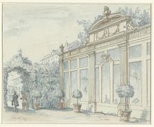 View in a French garden with gentleman and lady, 1700-1800. Creator: J de Marsy