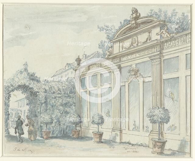 View in a French garden with gentleman and lady, 1700-1800. Creator: J de Marsy.