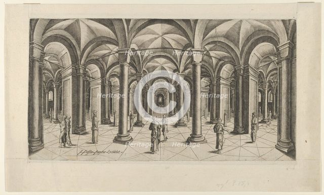 View in Fisheye perspective of a Hall with Columns and Cross Rib Vaulting, ca. 1610-20. Creator: Hans Pesser.