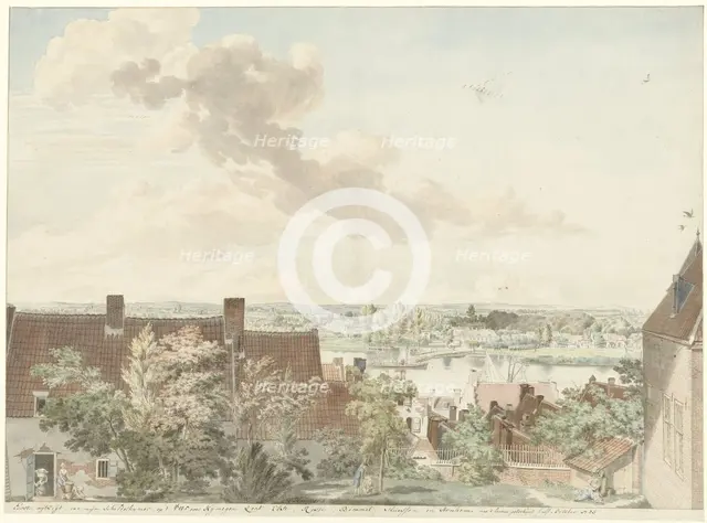 View in Nijmegen with a ferry across the river, 1785. Creator: Hendrick Hoogers.