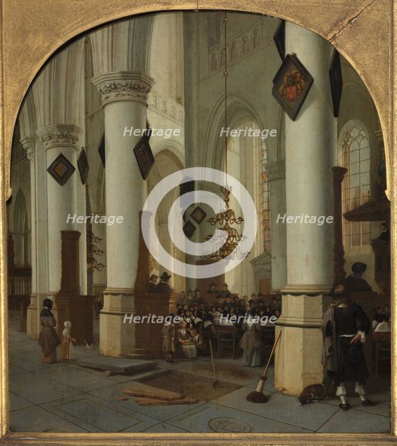 View inside the Saint Bavo church in Haarlem during mass, 1666. Artist: Vliet, Hendrick Cornelisz. van (1611-1675)
