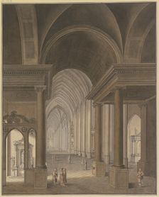 View into a Gothic church, with Baroque additions in the foreground and figures in 17th-cen...,1778. Creator: Johann Vogelin
