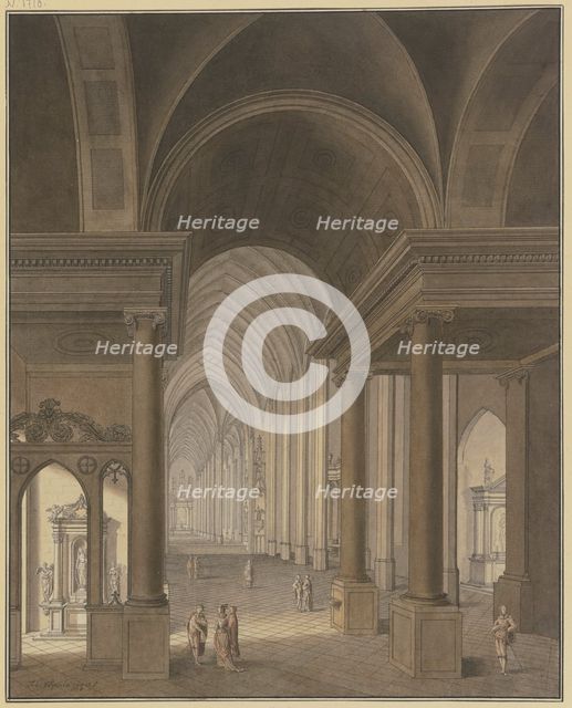 View into a Gothic church, with Baroque additions in the foreground and figures in 17th-cen...,1778. Creator: Johann Vogelin.