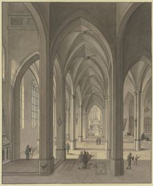 View into the chancel of a three-aisled Gothic hall church with figures in 17th-century costume,1819 Creator: Johann Ludwig Ernst Morgenstern