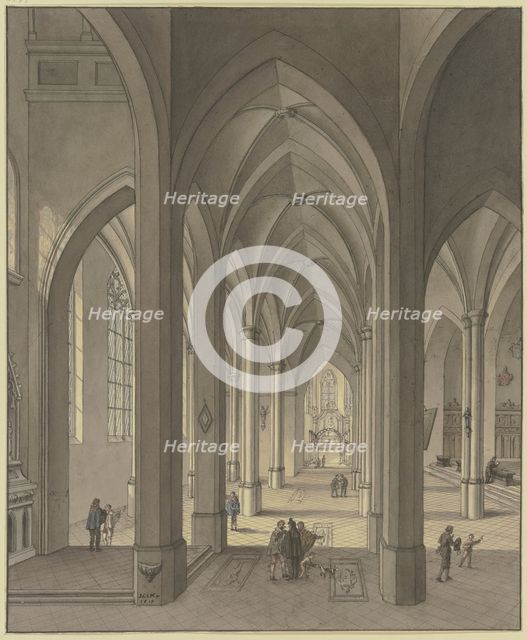 View into the chancel of a three-aisled Gothic hall church with figures in 17th-century costume,1819 Creator: Johann Ludwig Ernst Morgenstern.