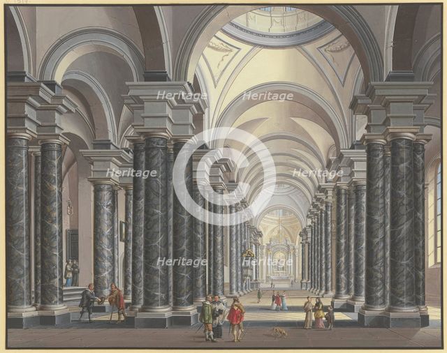 View into the interior of a Baroque church with black marble columns and figures in..., 1790. Creator: Johann Ludwig Ernst Morgenstern.