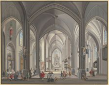 View into the interior of a Gothic hall church with many figures in 17th-century..., 1790. Creator: Johann Ludwig Ernst Morgenstern