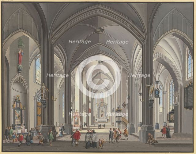 View into the interior of a Gothic hall church with many figures in 17th-century..., 1790. Creator: Johann Ludwig Ernst Morgenstern.