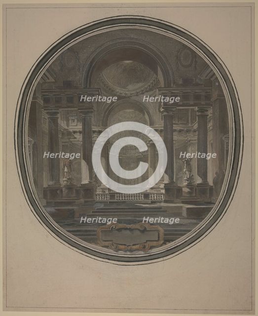 View into the rotunda of an ancient(?) temple, with an empty cartouche below. Creator: Jacques-Francois Blondel.