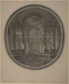 View into the rotunda of an ancient(?) temple, with an empty cartouche below. Creator: Jacques-Francois Blondel