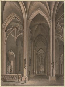 View into the side chapel of a Gothic church, in evening light; in the foreground..., c1776. Creator: Johann Vogelin