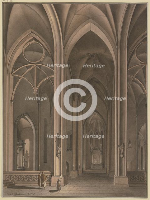 View into the side chapel of a Gothic church, in evening light; in the foreground..., c1776. Creator: Johann Vogelin.