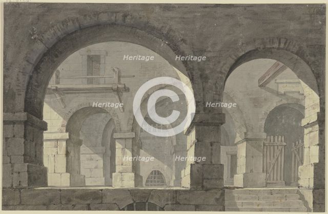 View into the side chapel of a Gothic church, illuminated in the evening; In the..., c1775-1779. Creator: Georg Melchior Kraus.