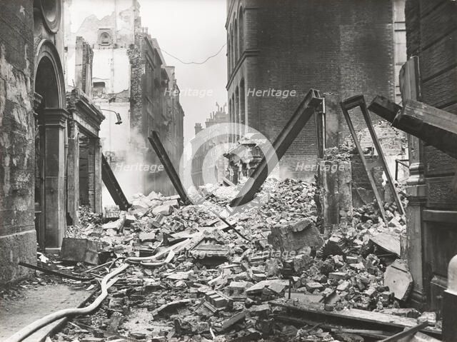 View looking south down Walbrook after an air raid, City of London, World War II, 1941. Artists: Arthur Cross, Fred Tibbs
