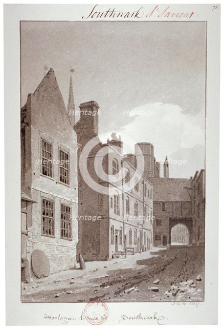 View looking towards the gateway of Montague House, Southwark, London, 1827. Artist: John Chessell Buckler