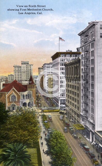 View of 6th Street showing the First Methodist Church, Los Angeles, California, USA, 1915. Artist: Unknown