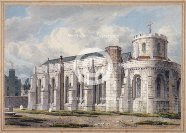 View of Temple Church from across the graveyard, City of London, 1811. Artist: George Shepherd