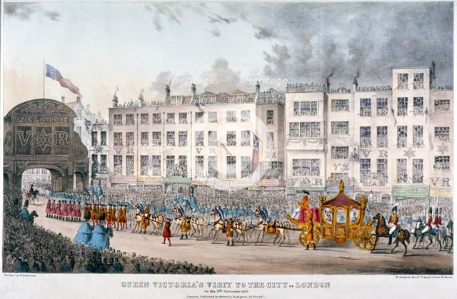 View of Temple Bar during Queen Victoria's visit to the City of London in 1837.                      Artist: Smart, W