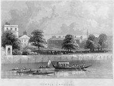 View of Temple Gardens from the Thames with boats on the river, City of London, c1850. Artist: Anon