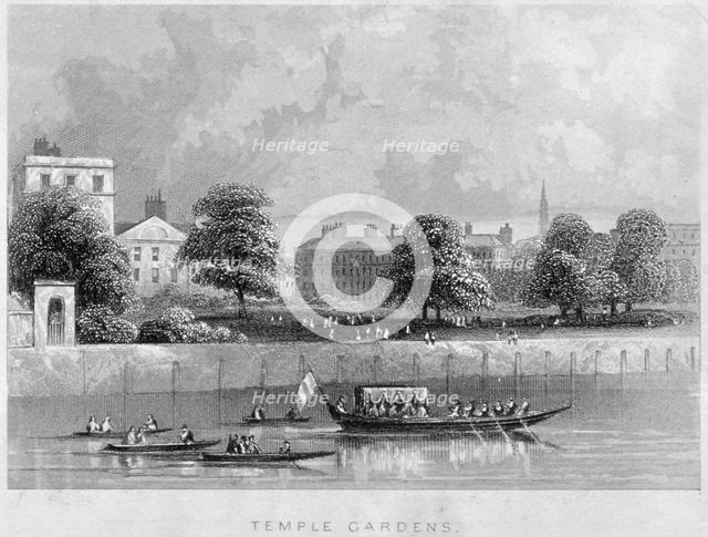 View of Temple Gardens from the Thames with boats on the river, City of London, c1850.               Artist: Anon